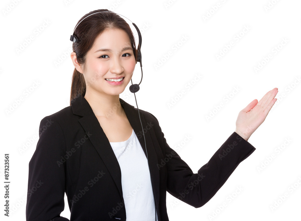 Customer services officer with open hand palm Customer services officer with open hand palm