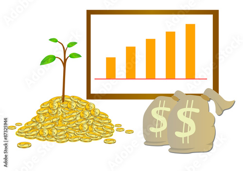 Make money grow vector with coin money bag and grow graph