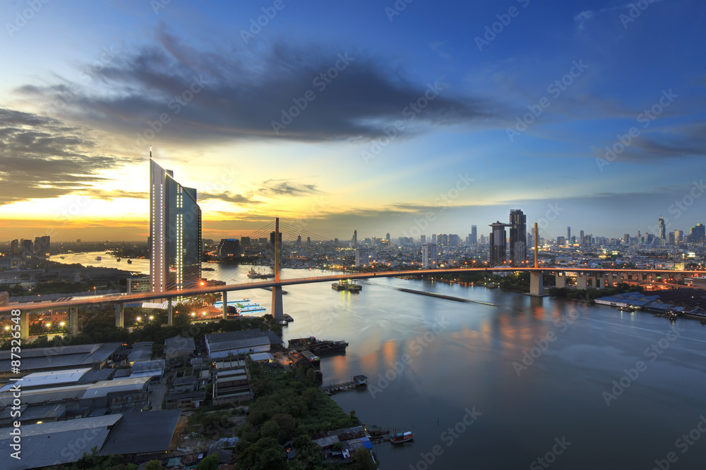 Bangkok office building riverside at sunset, before Night Falls