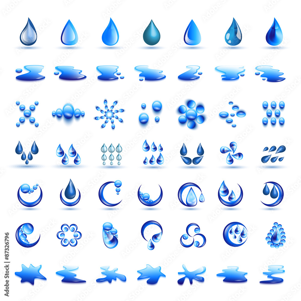 Water And Drops Icons Set - Isolated On White Background - Vector Illustration, Graphic Design Water And Drops Icons Set - Isolated On White Background - Vector Illustration, Graphic Design
