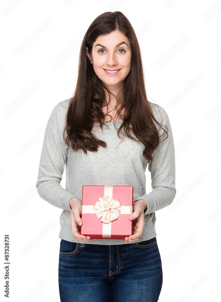 Brunette woman hold with present box