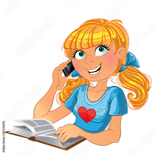 Blond girl and phone and book