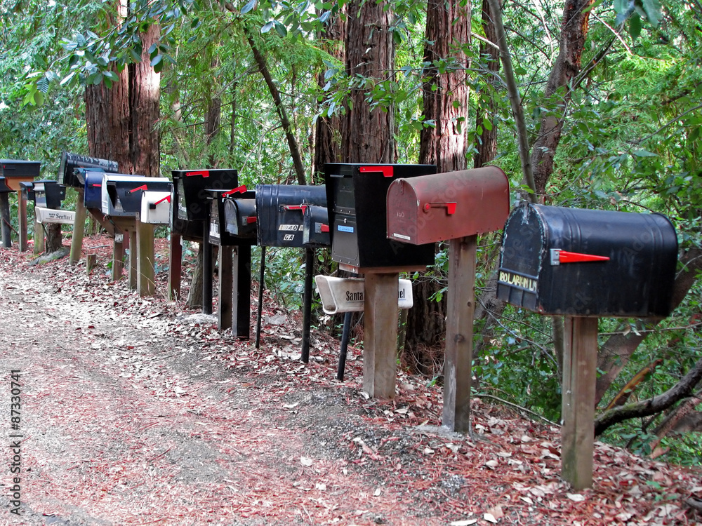 Mailboxes Lined Up On Side of Rural Road Mailboxes Lined Up On Side of Rural Road