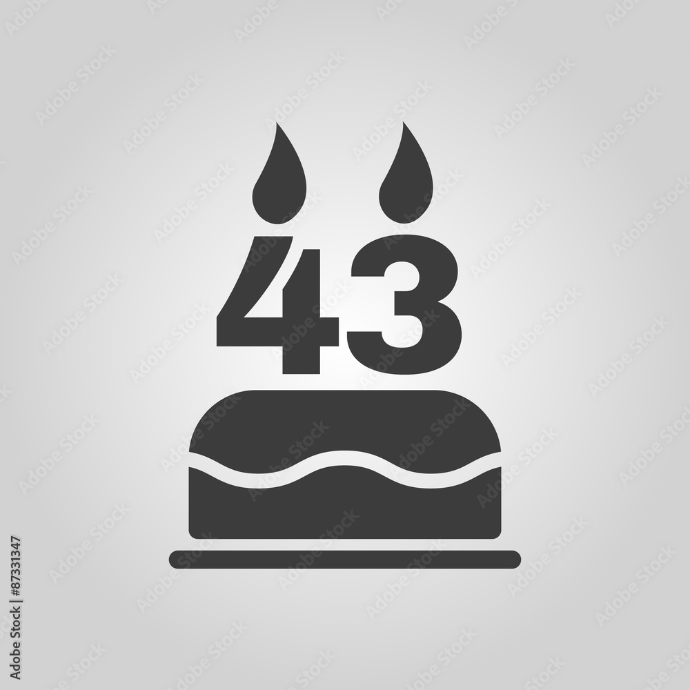 The birthday cake with candles in the form of number 43 icon. Birthday symbol. Flat The birthday cake with candles in the form of number 43 icon. Birthday symbol. Flat