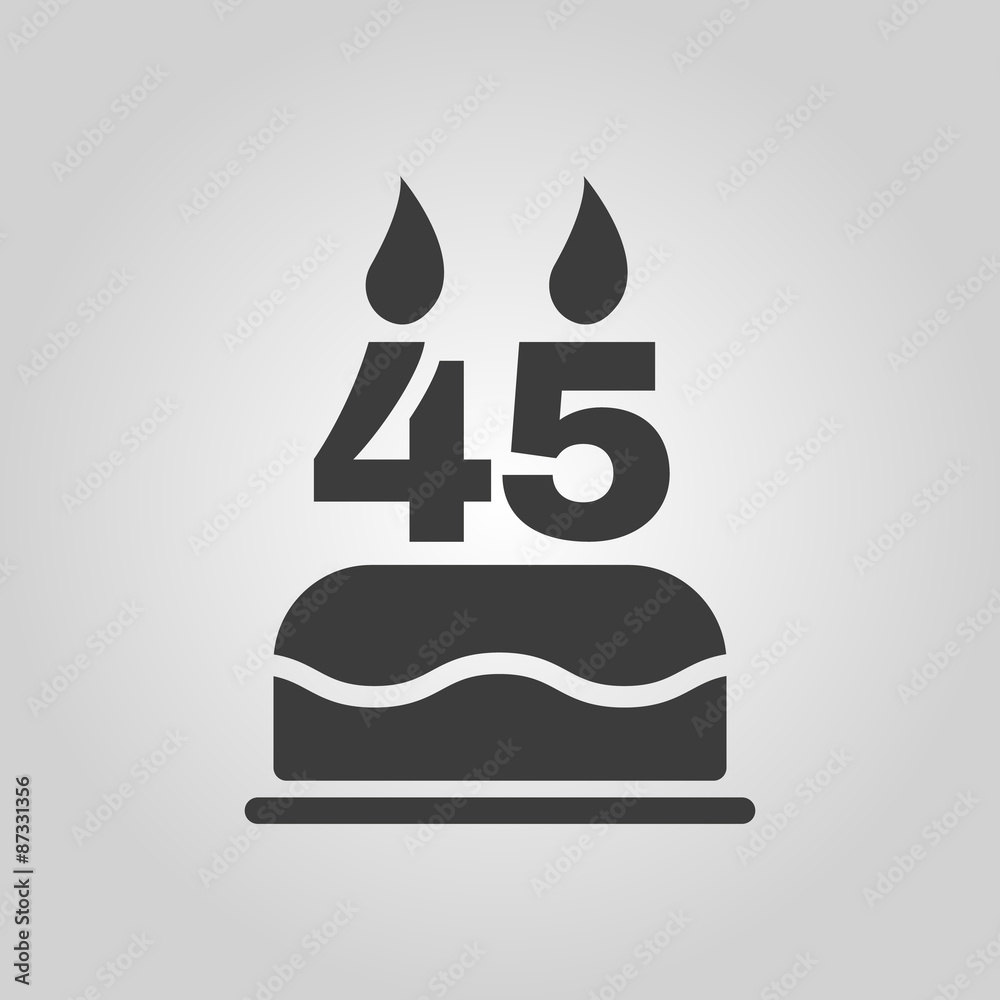 Obraz premium The birthday cake with candles in the form of number 45 icon. Birthday symbol. Flat