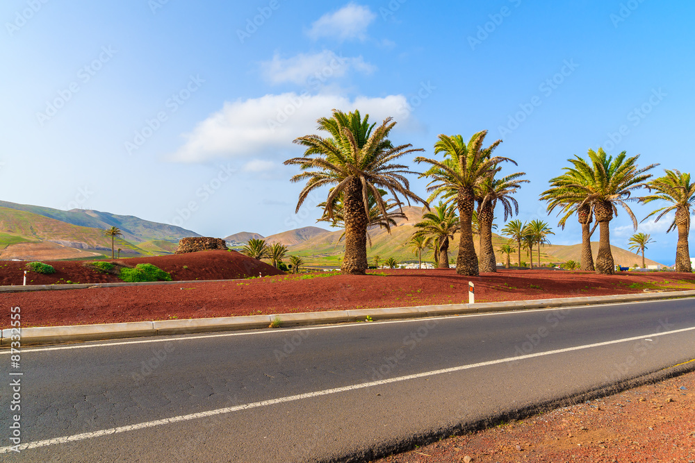 Scenic road in countryside landscape of Lanzarote island, Spain