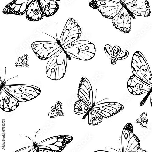 Seamless background of butterflies black and white 
