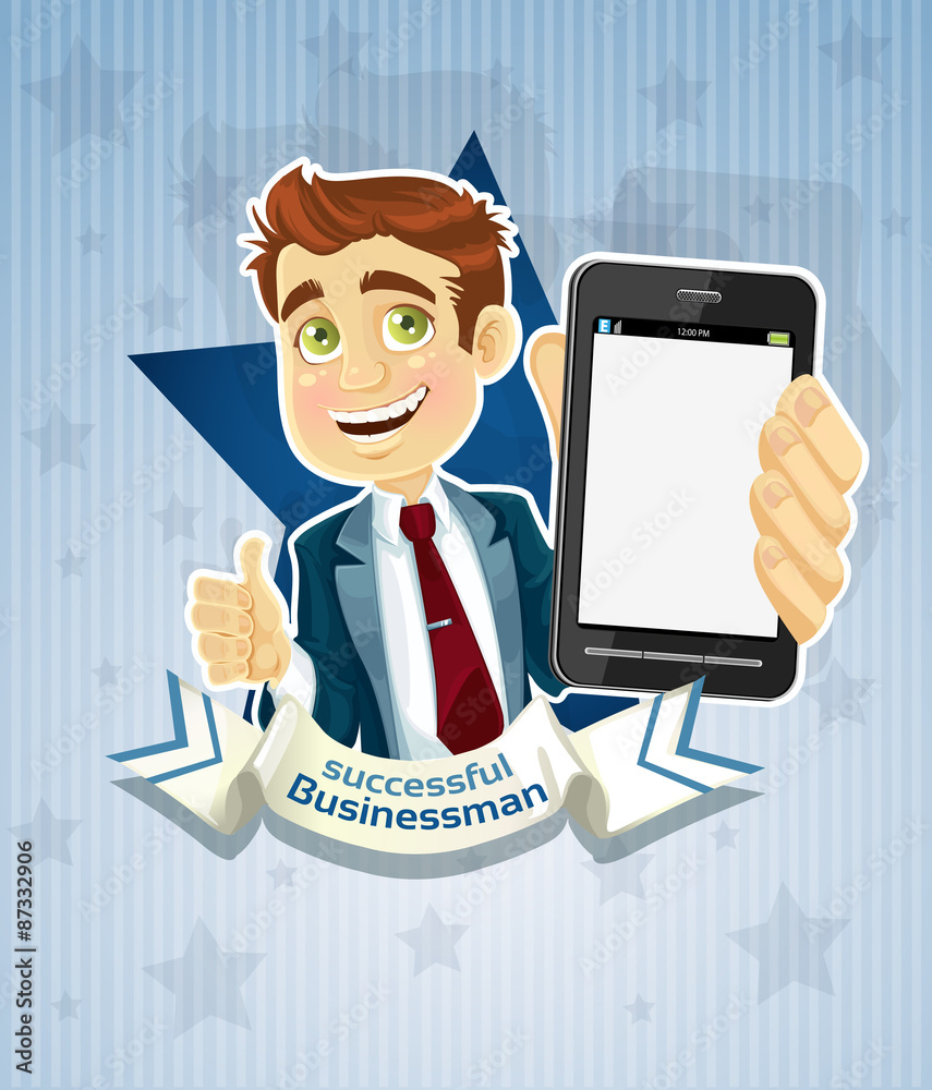 Cute successful businessman with phone- star poster