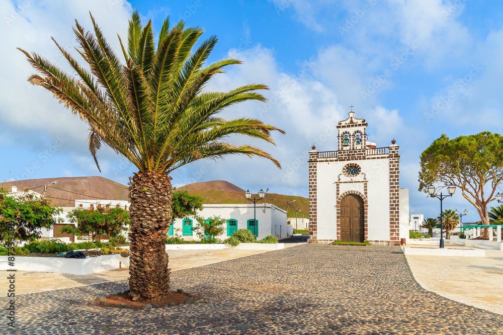Beautiful typical Canary style church on square in Guatiza village, Lanzarote, Canary Islands, Spain