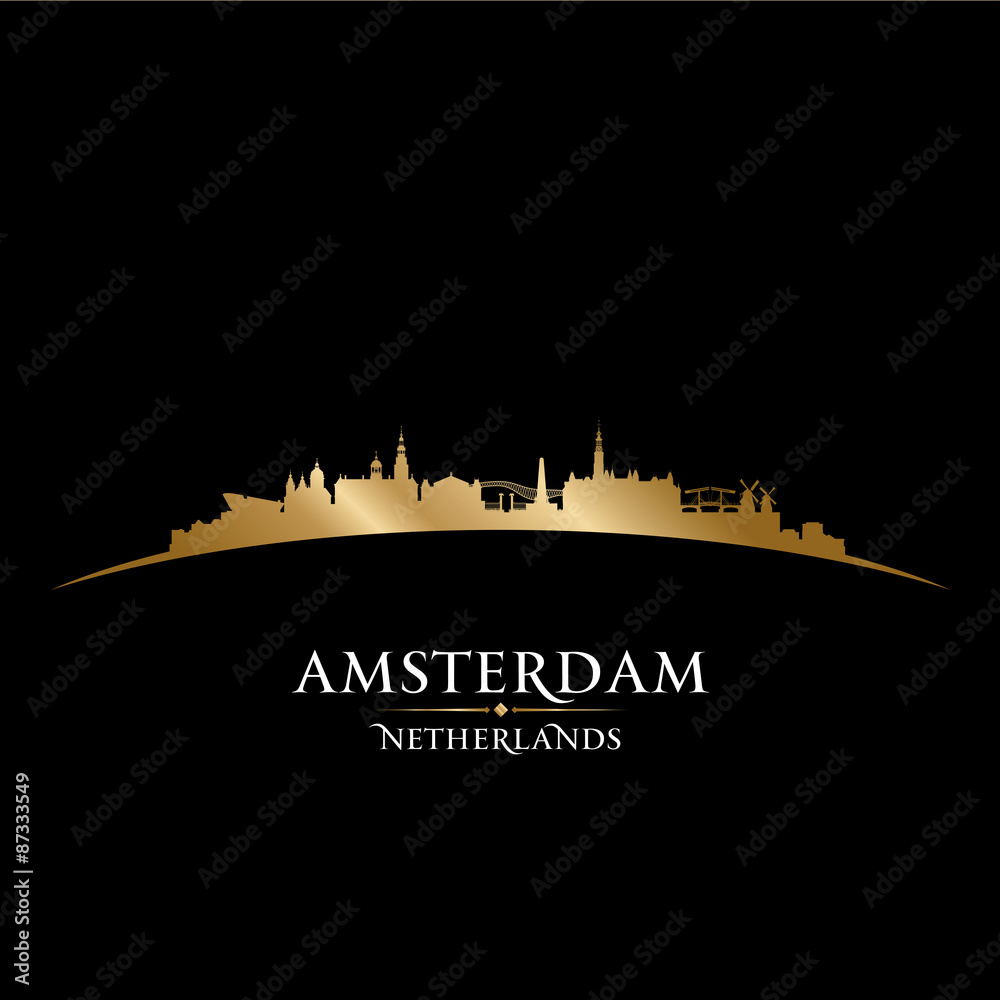 Amsterdam Netherlands city skyline silhouette black background