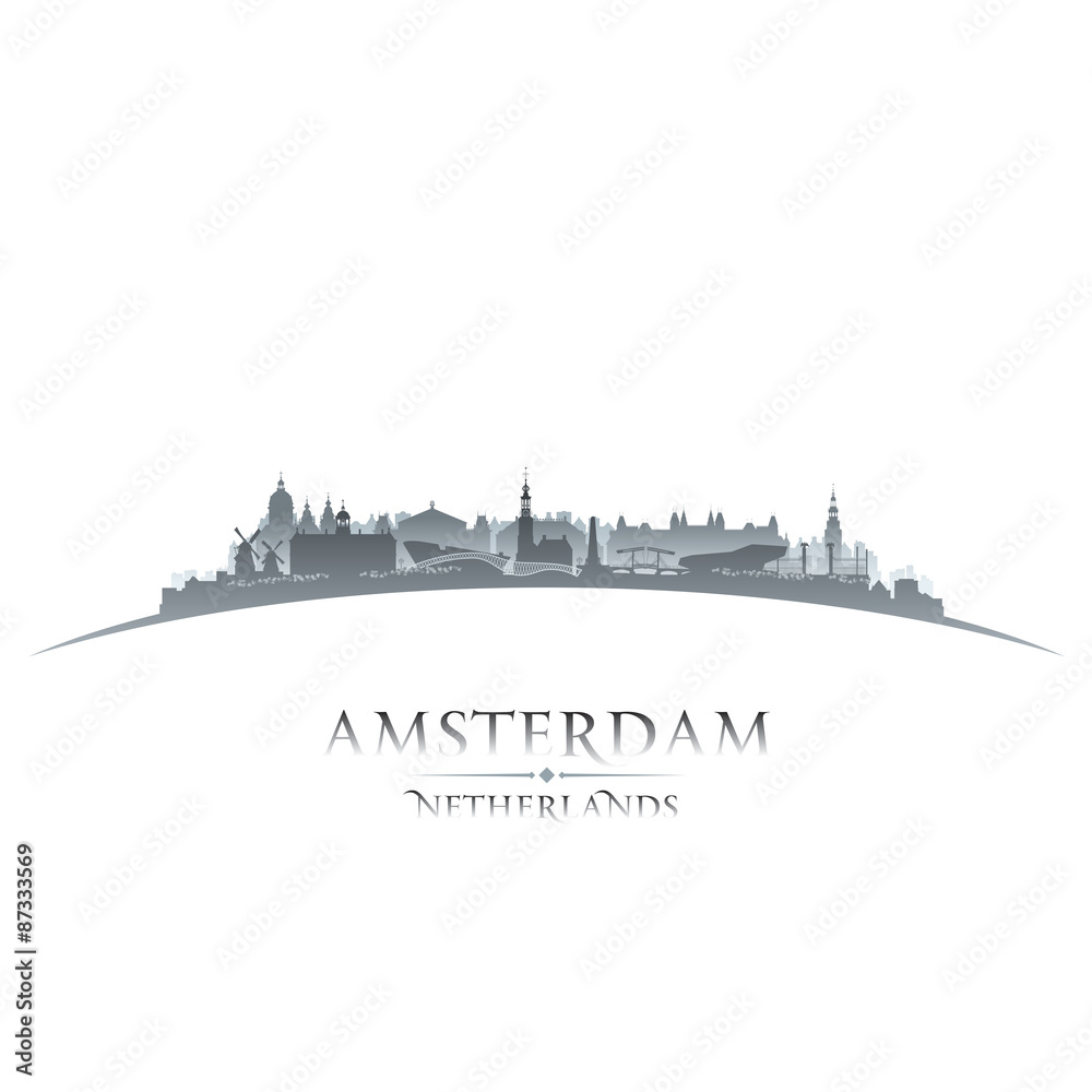 Amsterdam Netherlands city skyline silhouette white background