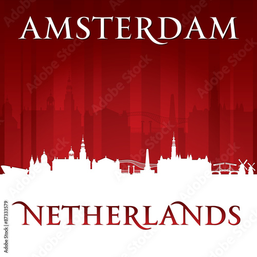 Amsterdam Netherlands city skyline silhouette red background