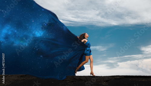 Collage with woman in dress and space dress. Day and night.