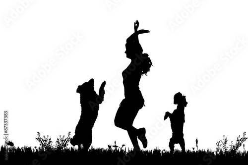 Vector silhouette of a woman with a dog.