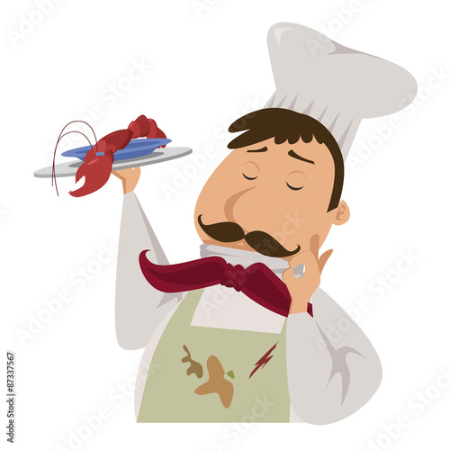 cartoon chef with dirty apron serving lobster