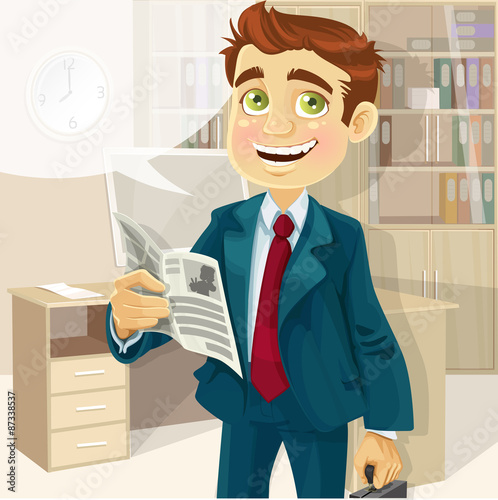 Business man in morning office read a summary of the news