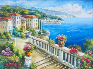 Original oil painting The Greece beach
