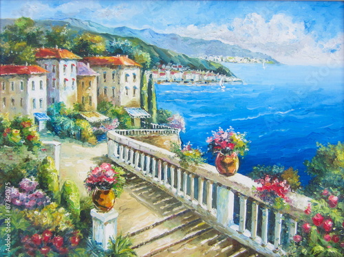 Original oil painting The Greece beach