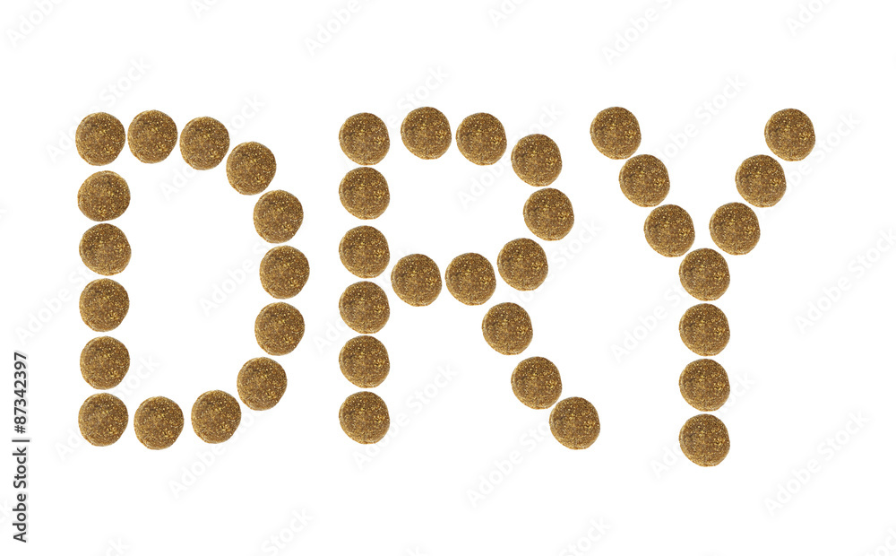 Multicolored inscription made of dry pet food. Multicolored inscription made of dry pet food.