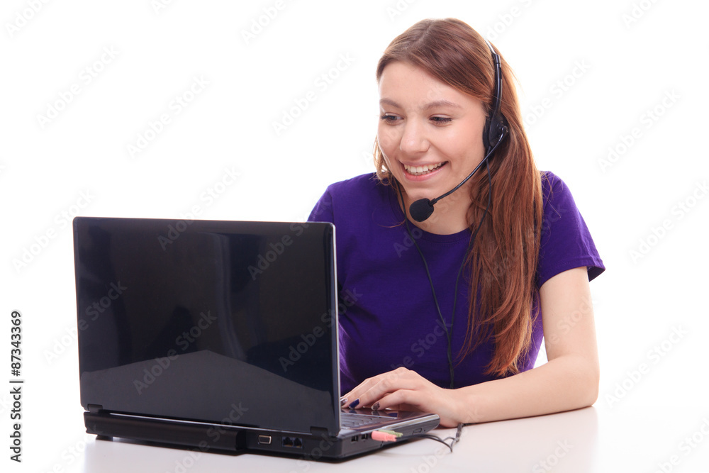 Pretty girl works at the computer Pretty girl works at the computer