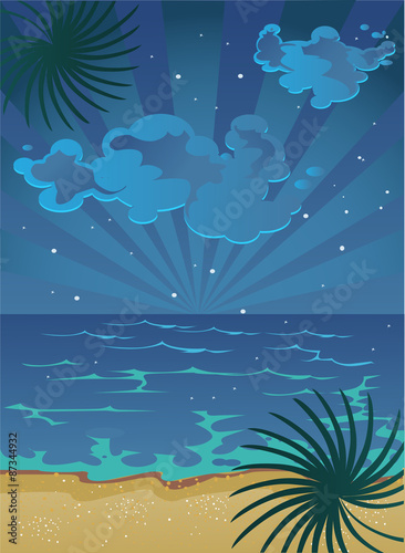 Fototapeta Naklejka Na Ścianę i Meble -  vector picture of cartoon summer nocturnal beach with clouds on