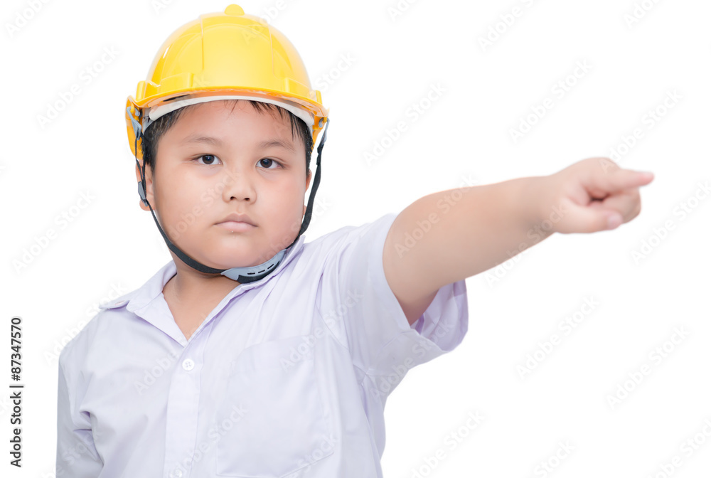 fat boy engineer pointing hand to commands isolated fat boy engineer pointing hand to commands isolated