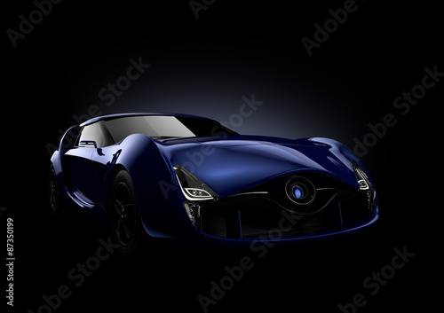 Blue sports car isolated on black background.