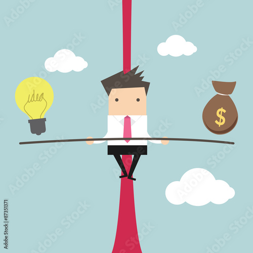 Business man balancing on the rope with ideas and money