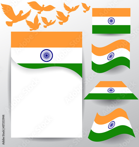 Set of India flag  with flying pigeon