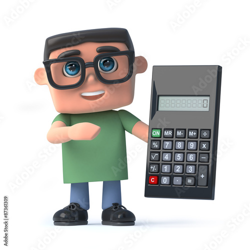 3d Boy wearing glasses holding a calculator