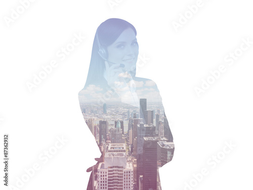 Silhouette of brunette support phone operator in headset on white background. New York City view.