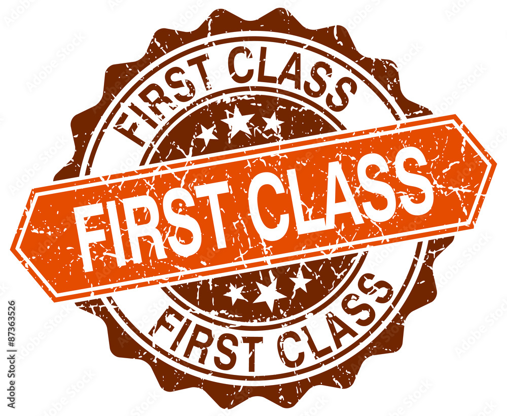 Obraz premium first class orange round grunge stamp on white