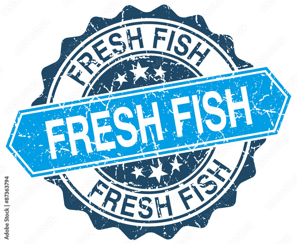Obraz premium fresh fish blue round grunge stamp on white