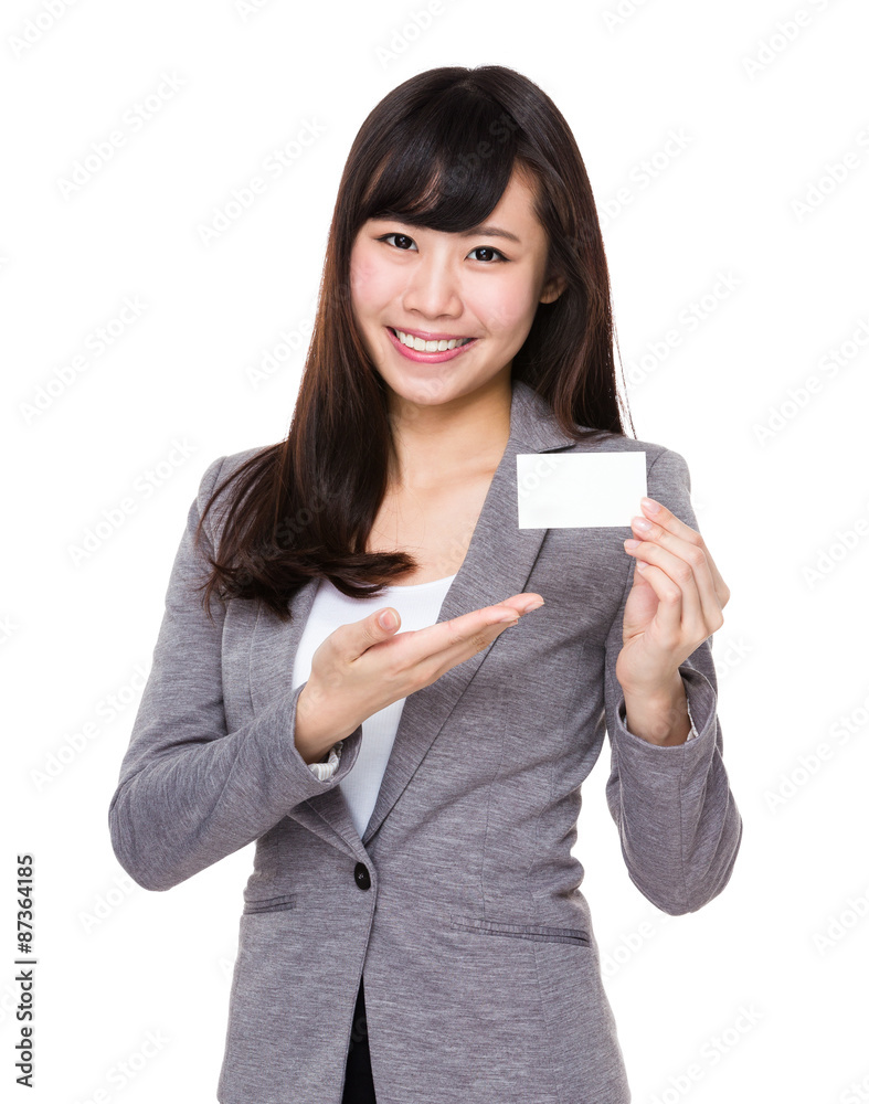 Young businesswoman hold with blank name card Young businesswoman hold with blank name card