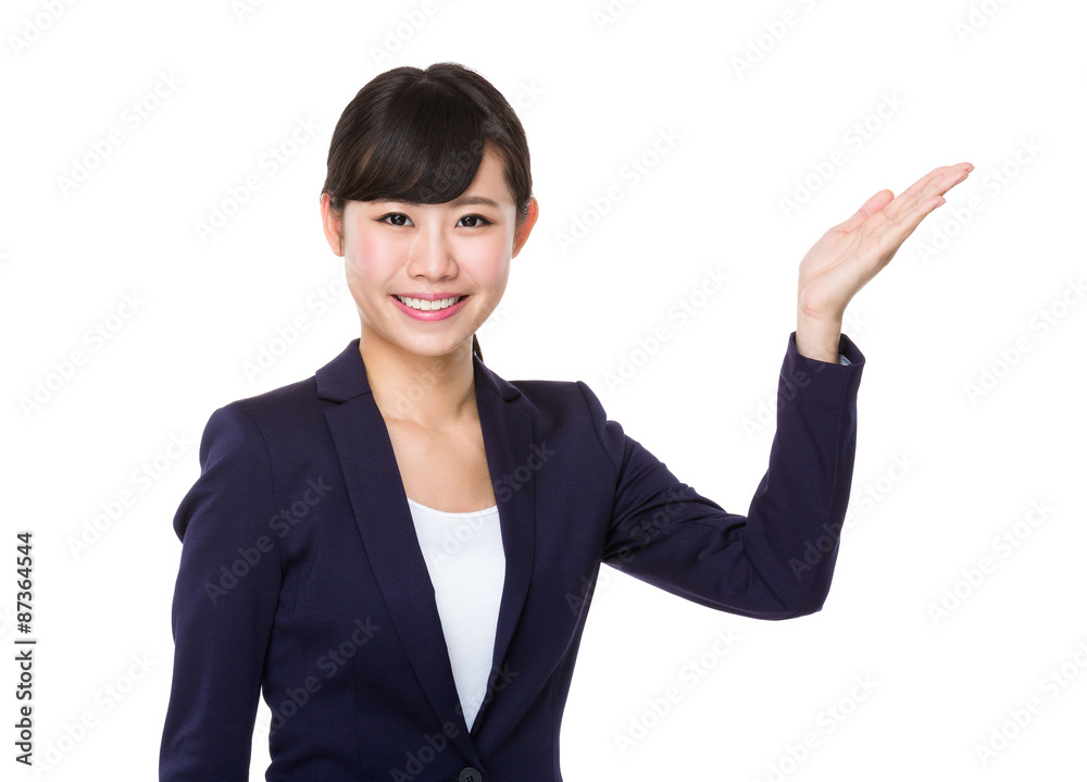 Young businesswoman with hand show with blank sign Young businesswoman with hand show with blank sign