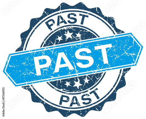 past blue round grunge stamp on white