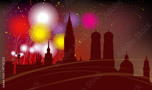 Munich City Silhouette, Celebration, Fireworks