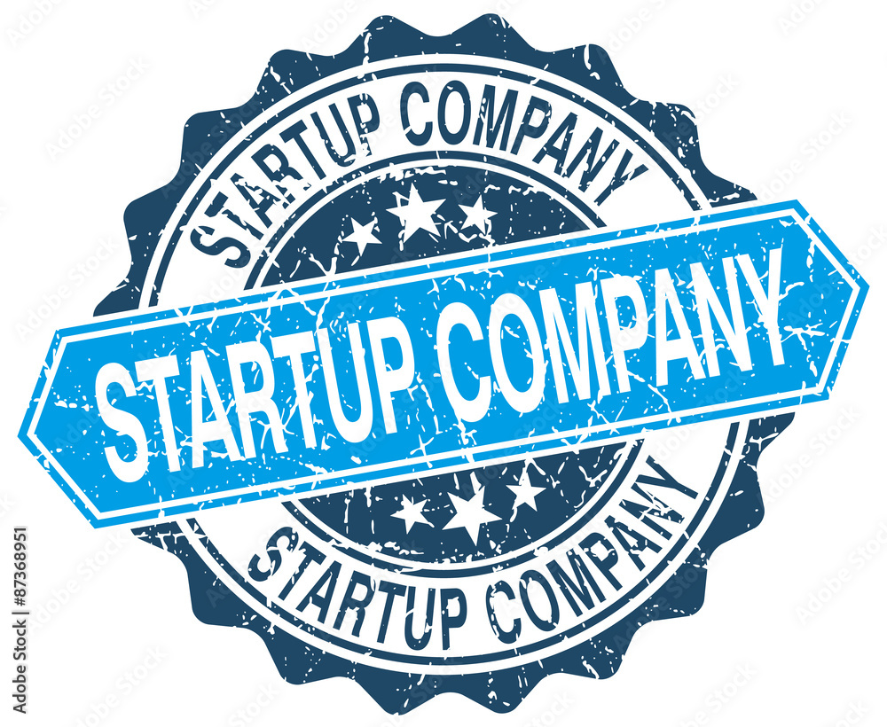 startup company blue round grunge stamp on white