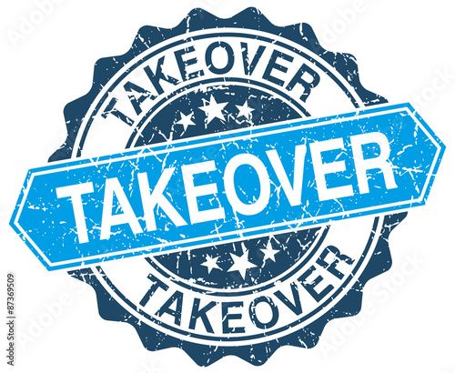 takeover blue round grunge stamp on white