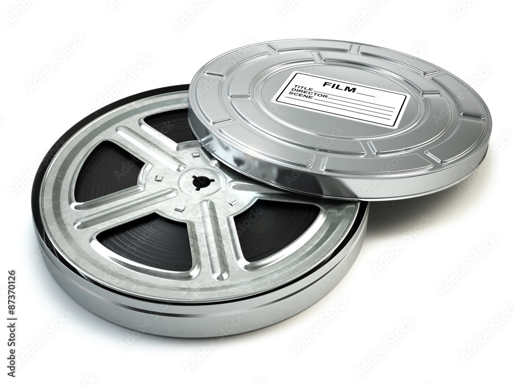 Fototapeta premium Film reel and box. Video, movie, cinema vintage concept.