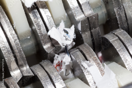 Jammed shredder scraps between paper shredder blades  photo