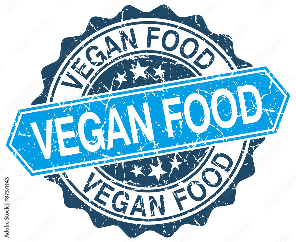 vegan food blue round grunge stamp on white