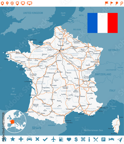 France map, flag, navigation labels, roads. Highly detailed vector illustration. 