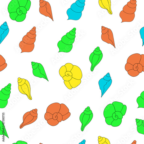 Seamless vector pattern with bright seashells on the white backg