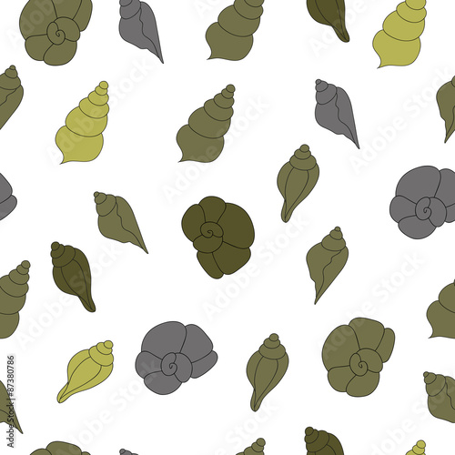 Seamless vector pattern with sea shells on the white background