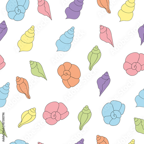 Seamless vector pattern with seashells of soft colors on the whi
