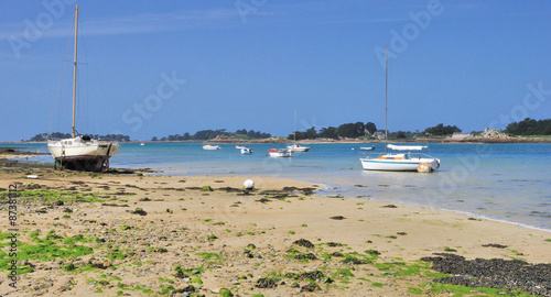Voiliers sur le sable dans la baie de Pellinec à Penvénan en Bretagne