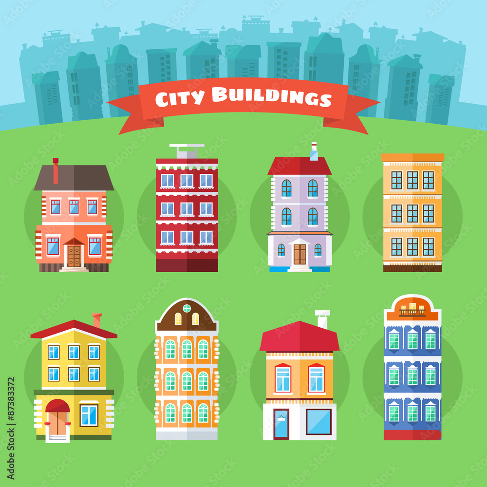 Set of Vector City and Town Buildings, Including Various Houses