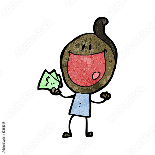 cartoon happy doodle man with money
