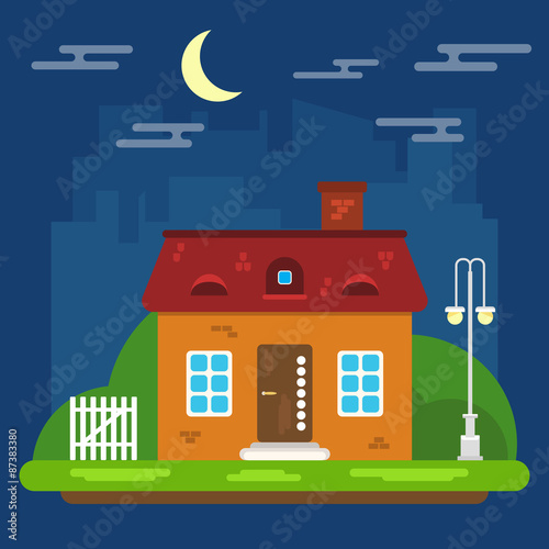 Vector Summer Night Landscape with House in a Flat Design